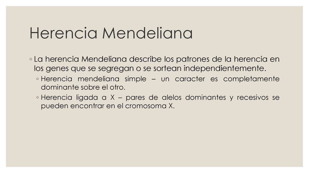 Herencia Mendeliana La herencia Mendeliana describe los patrones de la herencia en los genes que se segregan o se sortean independientemente.
