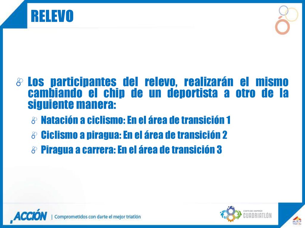 RELEVO Los participantes del relevo, realizarán el mismo cambiando el chip de un deportista a otro de la siguiente manera: