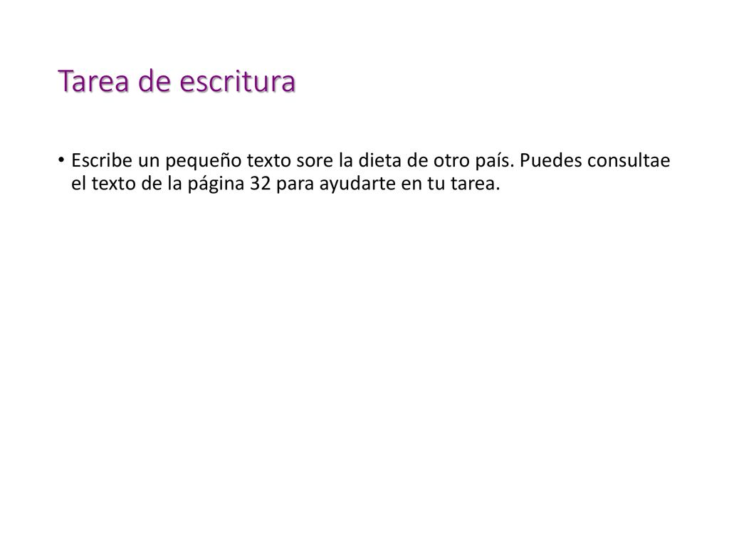 Tarea de escritura Escribe un pequeño texto sore la dieta de otro país.
