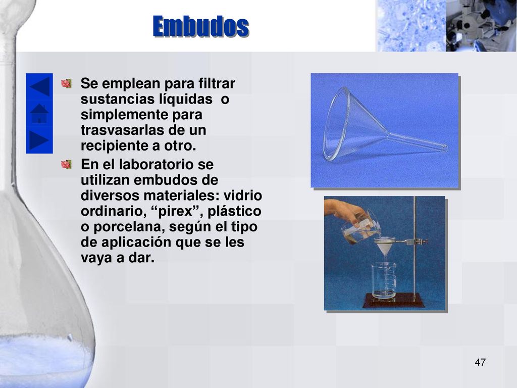 Embudos Se emplean para filtrar sustancias líquidas o simplemente para trasvasarlas de un recipiente a otro.
