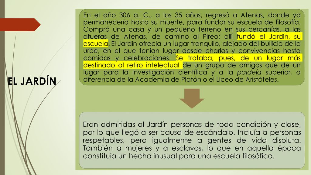 En el año 306 a. C., a los 35 años, regresó a Atenas, donde ya permanecería hasta su muerte, para fundar su escuela de filosofía. Compró una casa y un pequeño terreno en sus cercanías, a las afueras de Atenas, de camino al Pireo; allí fundó el Jardín, su escuela. El Jardín ofrecía un lugar tranquilo, alejado del bullicio de la urbe, en el que tenían lugar desde charlas y convivencias hasta comidas y celebraciones. Se trataba, pues, de un lugar más destinado al retiro intelectual de un grupo de amigos que de un lugar para la investigación científica y a la paideía superior, a diferencia de la Academia de Platón o el Liceo de Aristóteles.