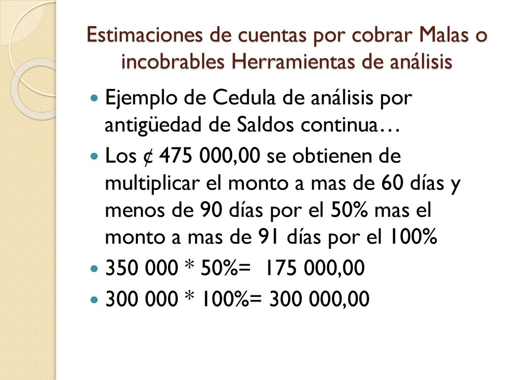 Estimaciones de cuentas por cobrar Malas o incobrables Herramientas de análisis