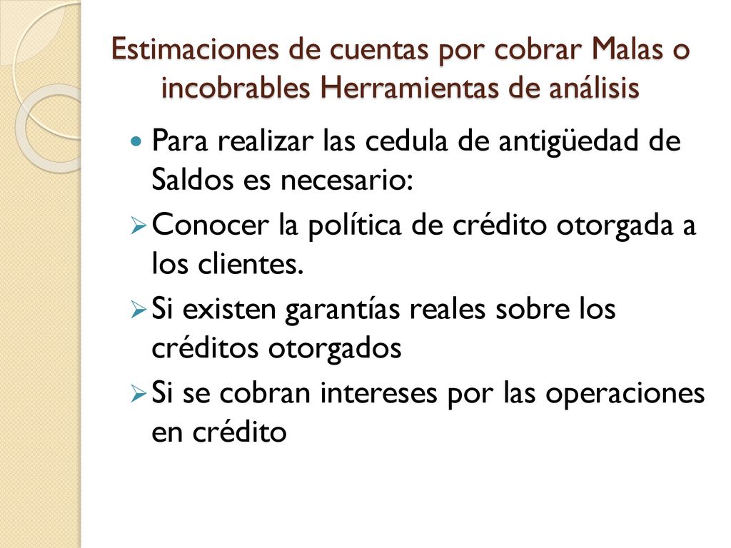 Estimaciones de cuentas por cobrar Malas o incobrables Herramientas de análisis