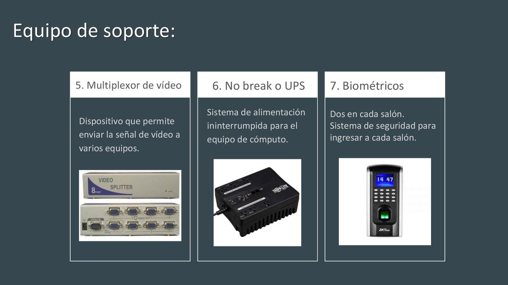 Equipo de soporte: 6. No break o UPS 7. Biométricos
