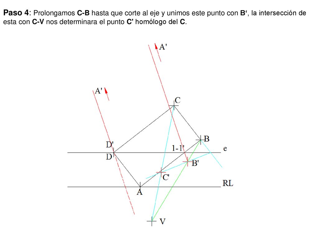 Paso 4: Prolongamos C-B hasta que corte al eje y unimos este punto con B‘, la intersección de esta con C-V nos determinara el punto C homólogo del C.