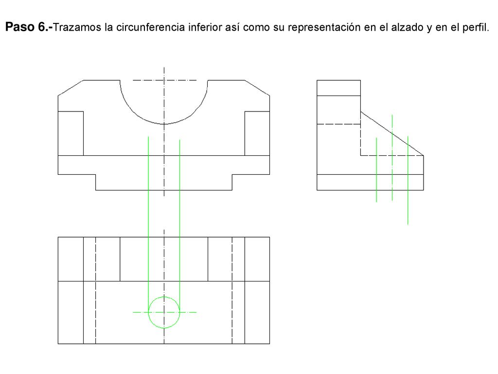 Paso 6.-Trazamos la circunferencia inferior así como su representación en el alzado y en el perfil.