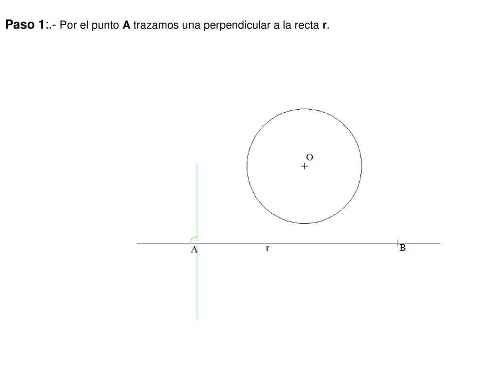Paso 1:.- Por el punto A trazamos una perpendicular a la recta r.