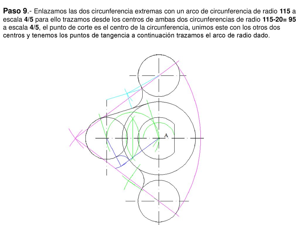 Paso 9.- Enlazamos las dos circunferencia extremas con un arco de circunferencia de radio 115 a escala 4/5 para ello trazamos desde los centros de ambas dos circunferencias de radio = 95 a escala 4/5, el punto de corte es el centro de la circunferencia, unimos este con los otros dos centros y tenemos los puntos de tangencia a continuación trazamos el arco de radio dado.