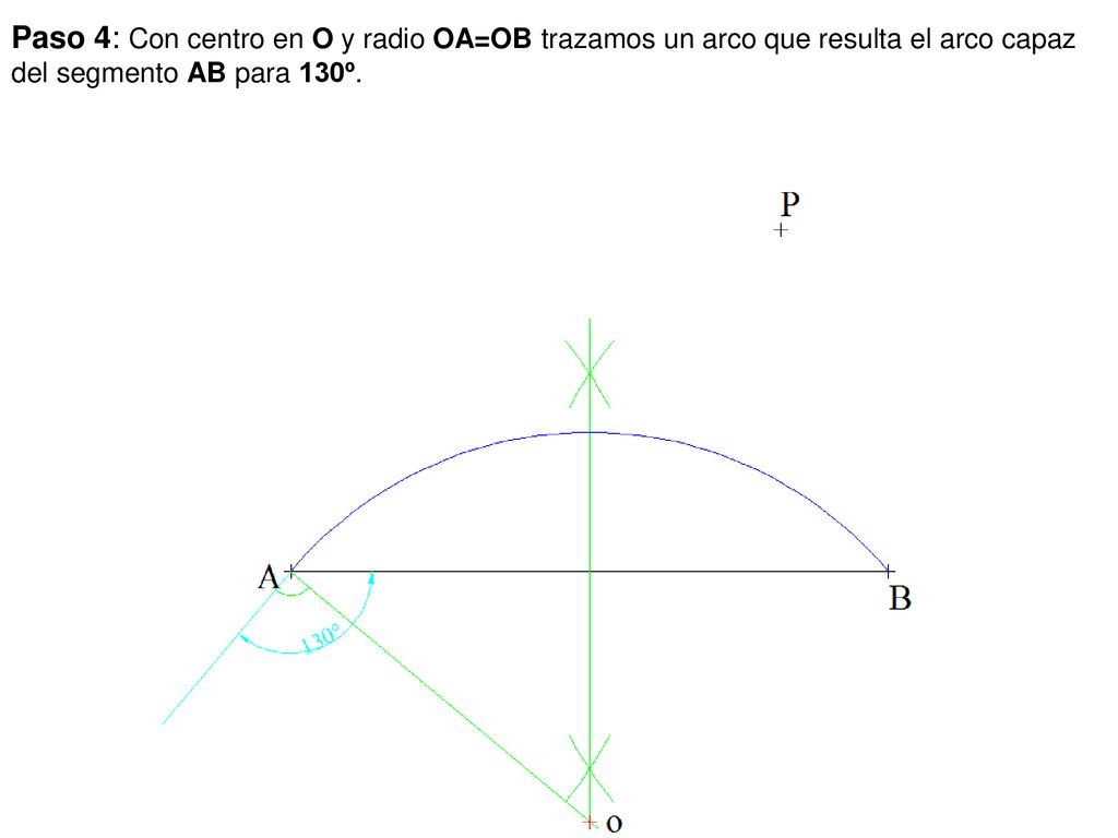 Paso 4: Con centro en O y radio OA=OB trazamos un arco que resulta el arco capaz del segmento AB para 130º.