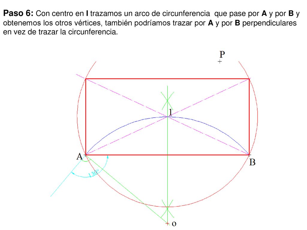 Paso 6: Con centro en I trazamos un arco de circunferencia que pase por A y por B y obtenemos los otros vértices, también podríamos trazar por A y por B perpendiculares en vez de trazar la circunferencia.