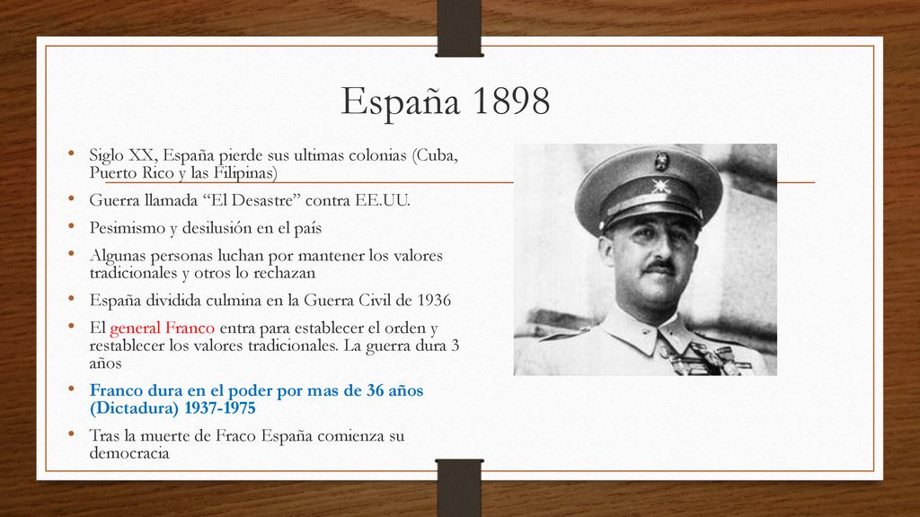 España 1898 Siglo XX, España pierde sus ultimas colonias (Cuba, Puerto Rico y las Filipinas) Guerra llamada El Desastre contra EE.UU.