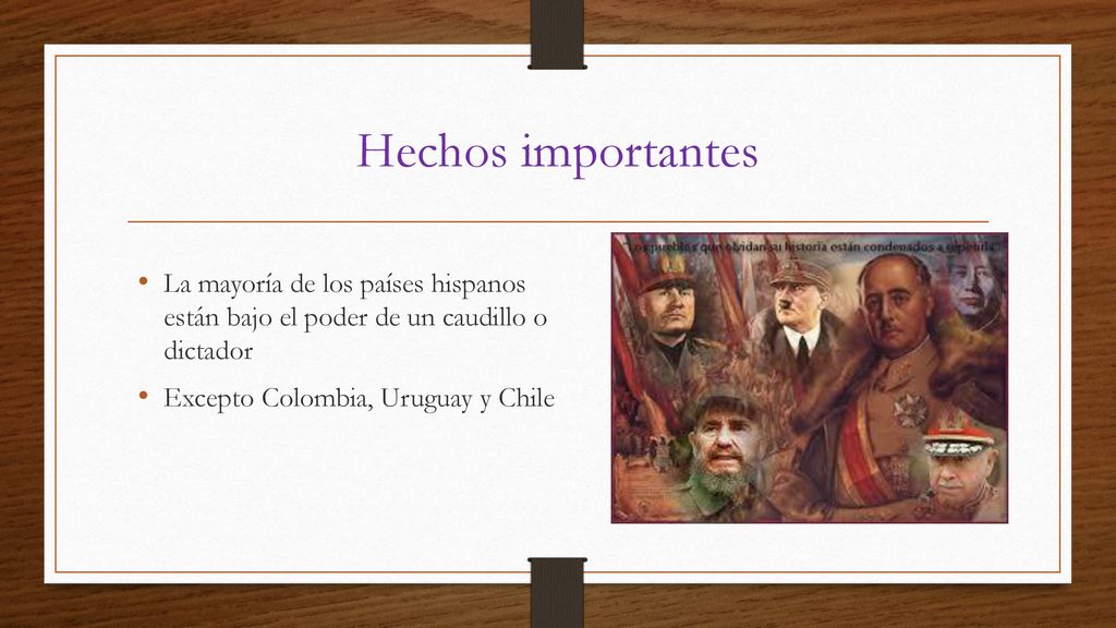 Hechos importantes La mayoría de los países hispanos están bajo el poder de un caudillo o dictador.
