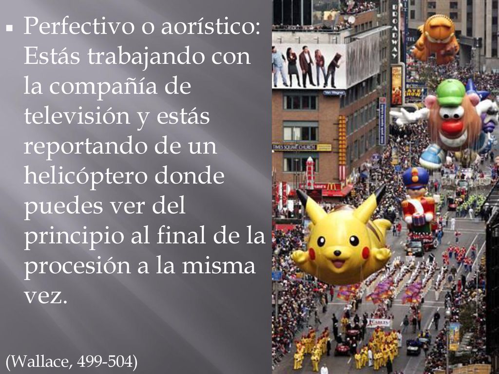 Perfectivo o aorístico: Estás trabajando con la compañía de televisión y estás reportando de un helicóptero donde puedes ver del principio al final de la procesión a la misma vez.