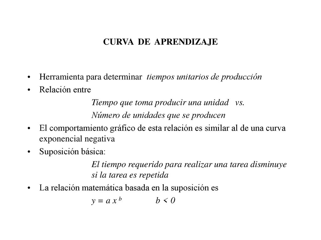 CURVA DE APRENDIZAJE Herramienta para determinar tiempos unitarios de producción. Relación entre.