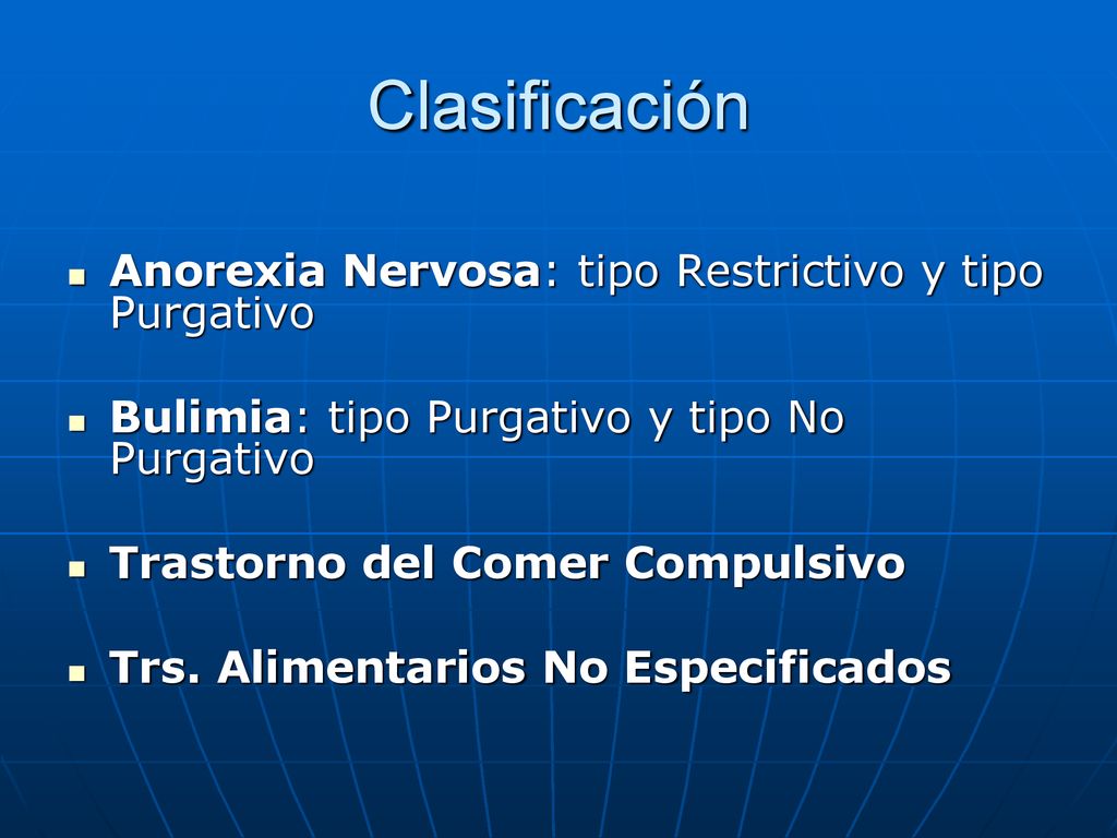 Clasificación Anorexia Nervosa: tipo Restrictivo y tipo Purgativo