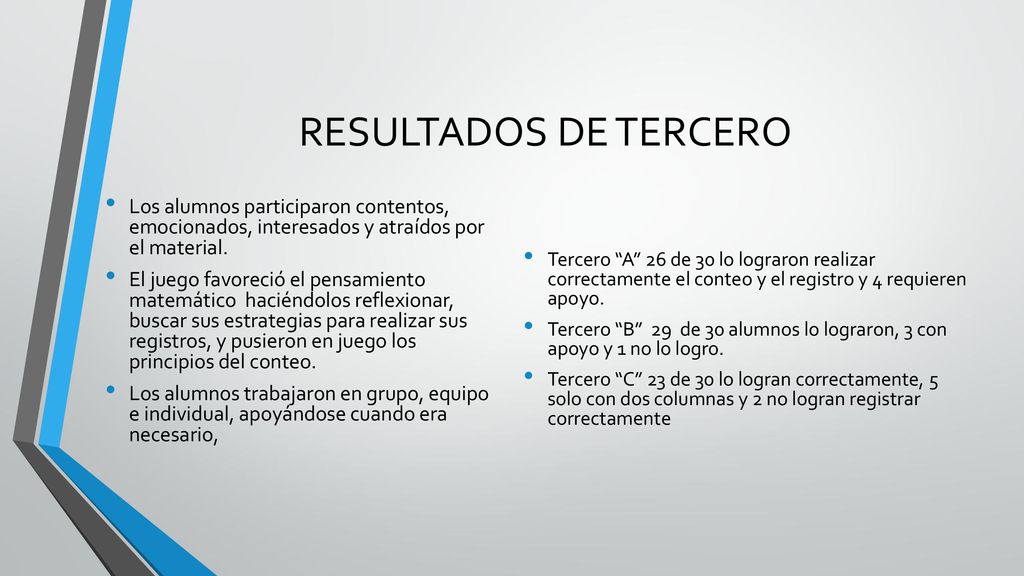 RESULTADOS DE TERCERO Tercero A 26 de 30 lo lograron realizar correctamente el conteo y el registro y 4 requieren apoyo.