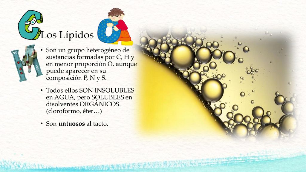 Los Lípidos Son un grupo heterogéneo de sustancias formadas por C, H y en menor proporción O, aunque puede aparecer en su composición P, N y S.