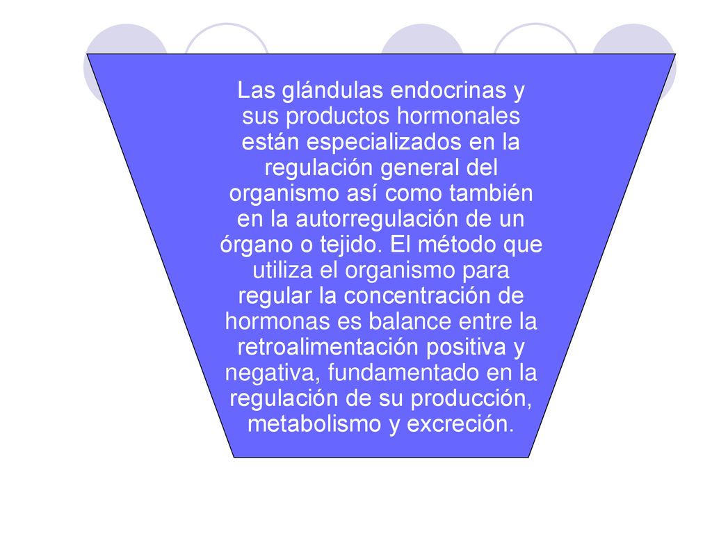 Las glándulas endocrinas y sus productos hormonales están especializados en la regulación general del organismo así como también en la autorregulación de un órgano o tejido.