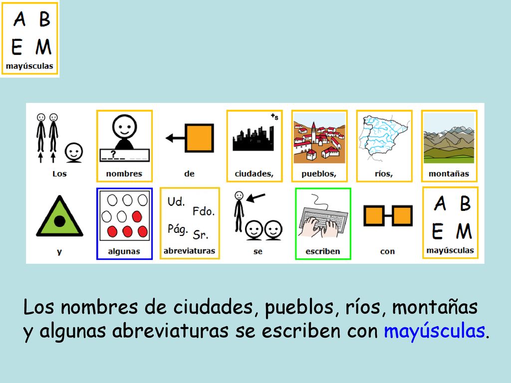 Los nombres de ciudades, pueblos, ríos, montañas y algunas abreviaturas se escriben con mayúsculas.