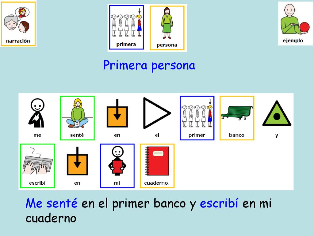 Primera persona Me senté en el primer banco y escribí en mi cuaderno