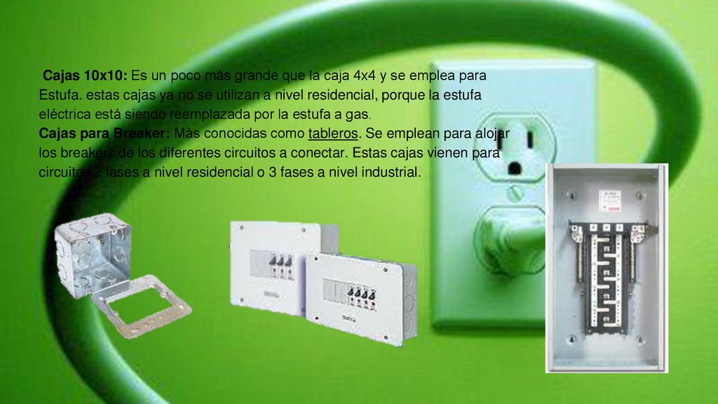 Cajas 10x10: Es un poco más grande que la caja 4x4 y se emplea para Estufa. estas cajas ya no se utilizan a nivel residencial, porque la estufa eléctrica está siendo reemplazada por la estufa a gas.