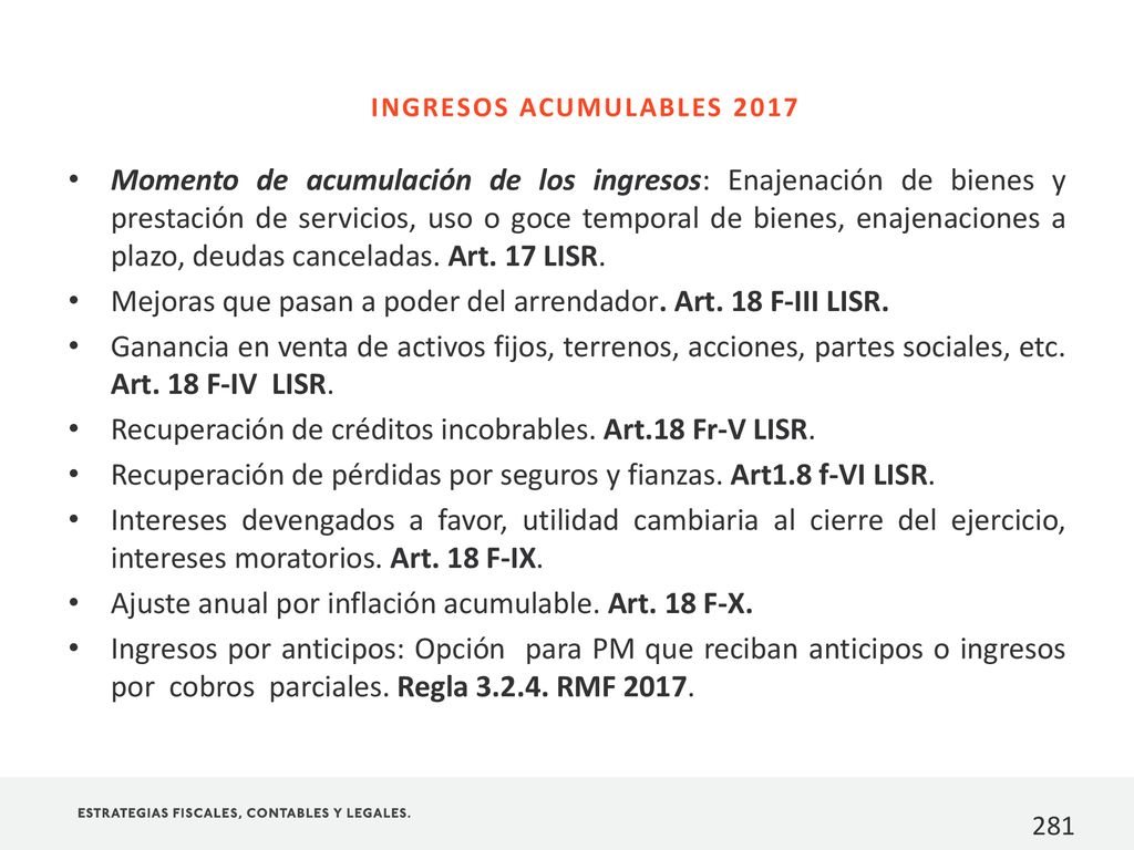 Mejoras que pasan a poder del arrendador. Art. 18 F-III LISR.