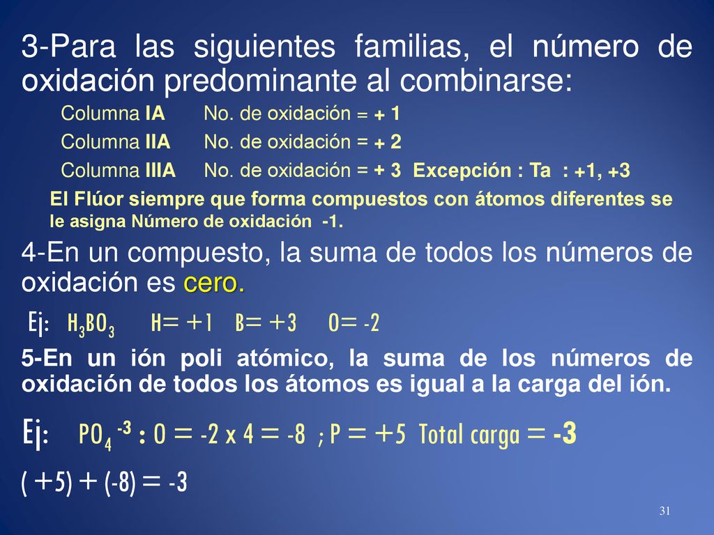 Ej: PO4 -3 : O = -2 x 4 = -8 ; P = +5 Total carga = -3