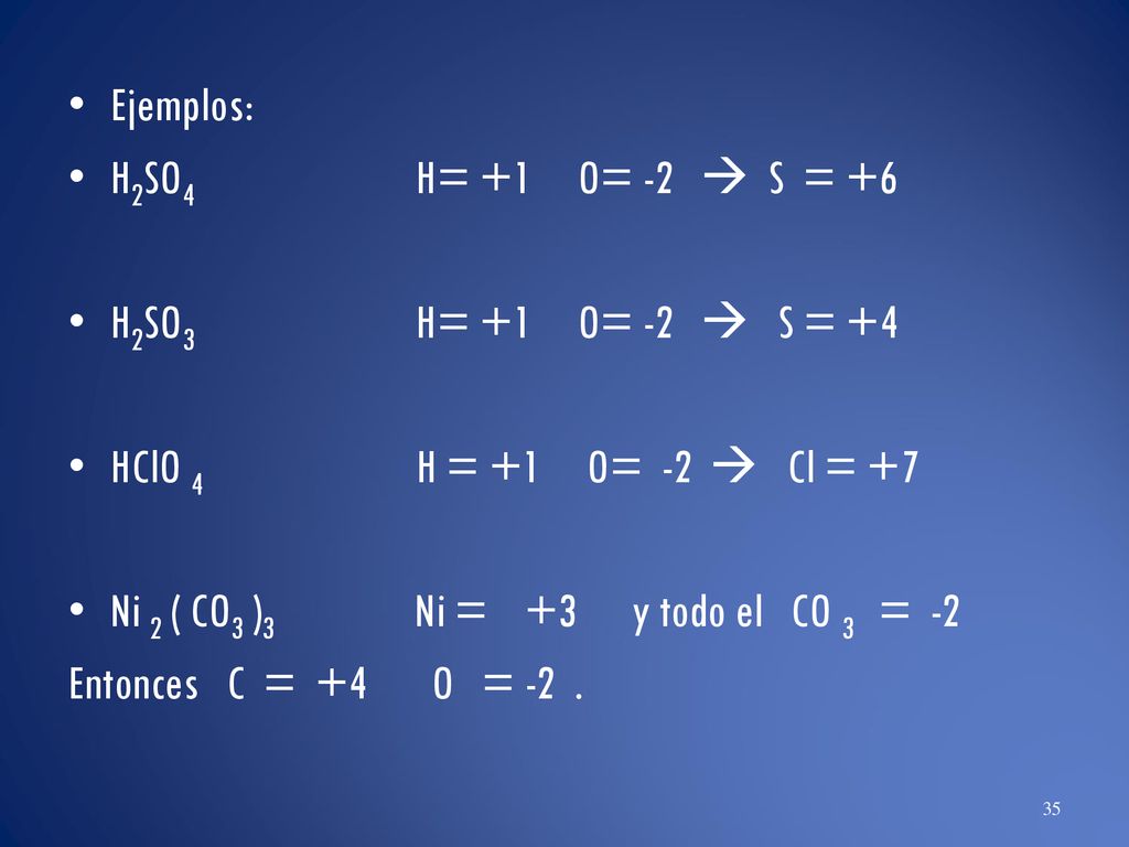 Ejemplos: H2SO4 H= +1 O= -2  S = +6. H2SO3 H= +1 O= -2  S = +4.