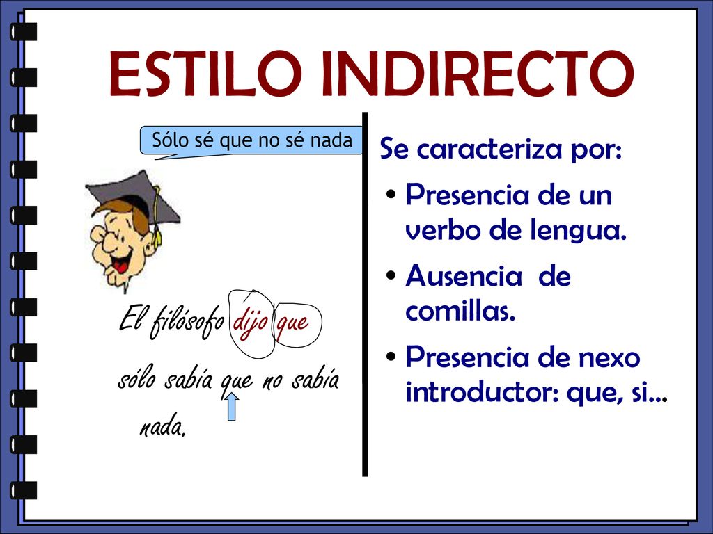 ESTILO INDIRECTO El filósofo dijo que sólo sabía que no sabía nada.