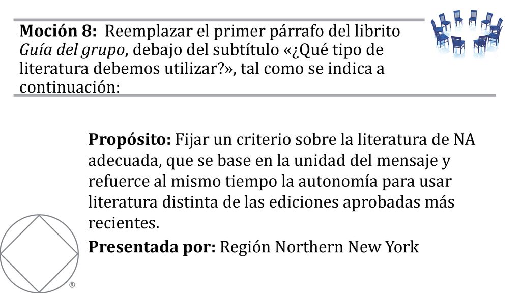 Moción 8: Reemplazar el primer párrafo del librito Guía del grupo, debajo del subtítulo «¿Qué tipo de literatura debemos utilizar », tal como se indica a continuación:
