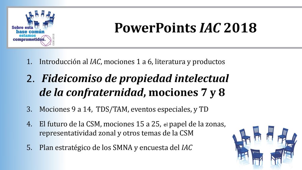 PowerPoints IAC 2018 Introducción al IAC, mociones 1 a 6, literatura y productos.