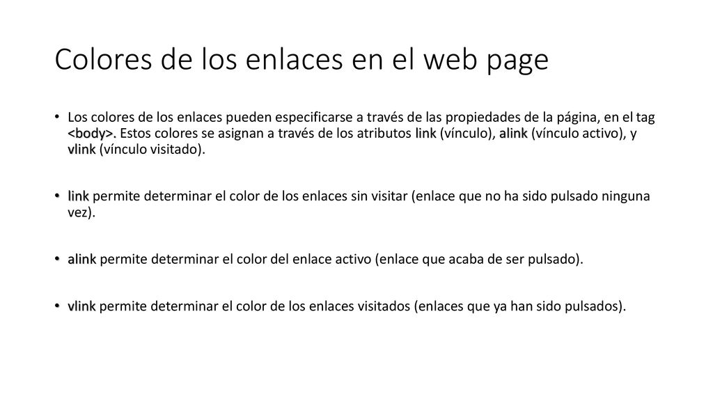 Colores de los enlaces en el web page