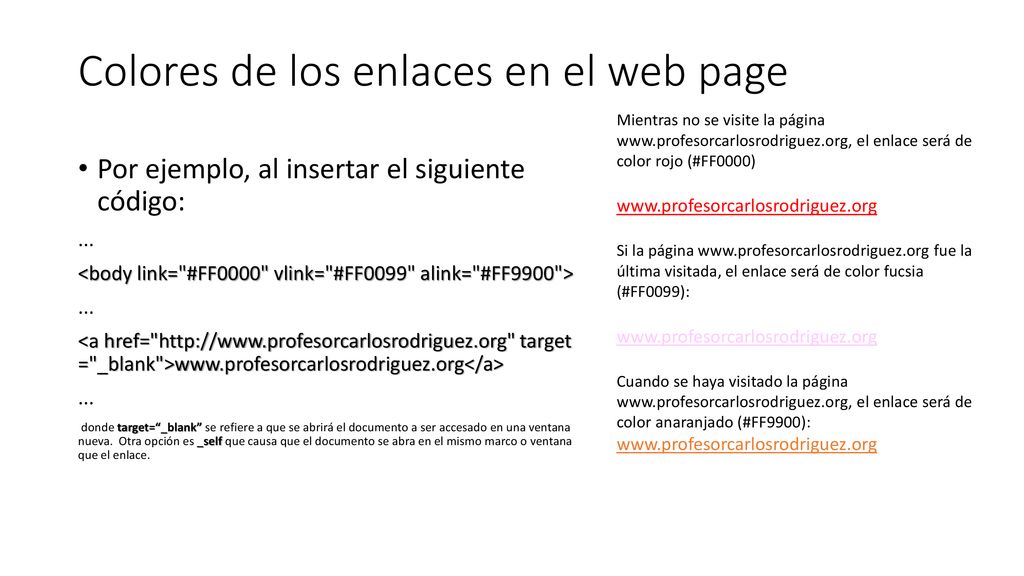 Colores de los enlaces en el web page