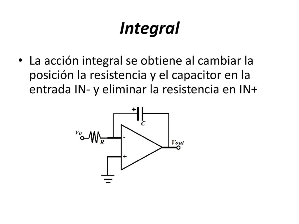 Integral La acción integral se obtiene al cambiar la posición la resistencia y el capacitor en la entrada IN- y eliminar la resistencia en IN+