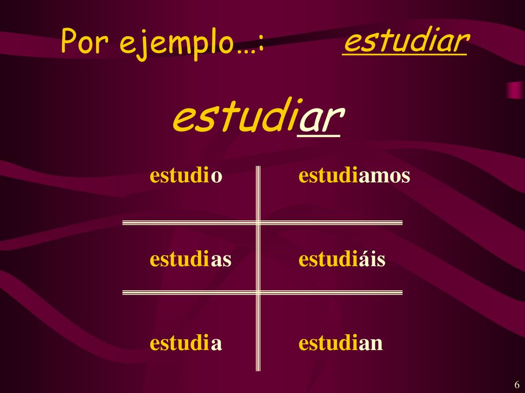 Por ejemplo…: estudiar estudi ar estudi o as a amos áis an