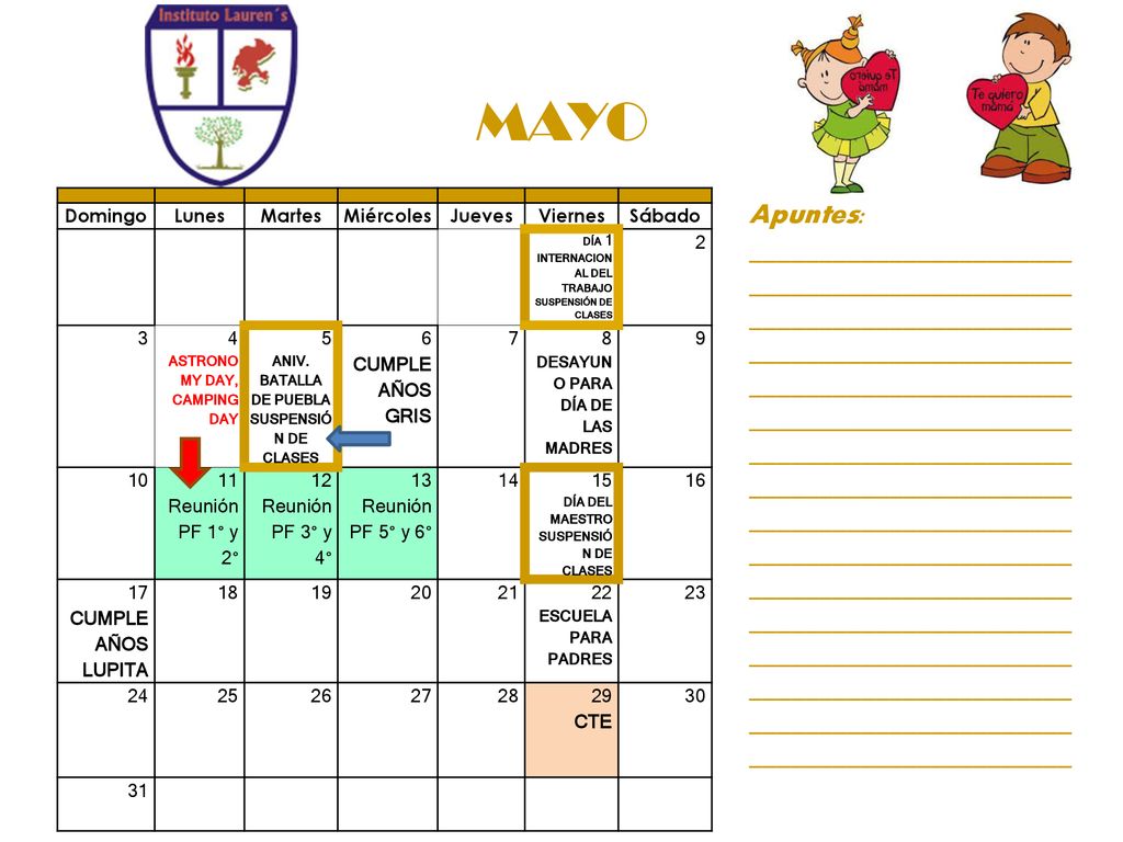 MAYO Domingo. Lunes. Martes. Miércoles. Jueves. Viernes. Sábado. DÍA 1. INTERNACIONAL DEL TRABAJO SUSPENSIÓN DE CLASES.