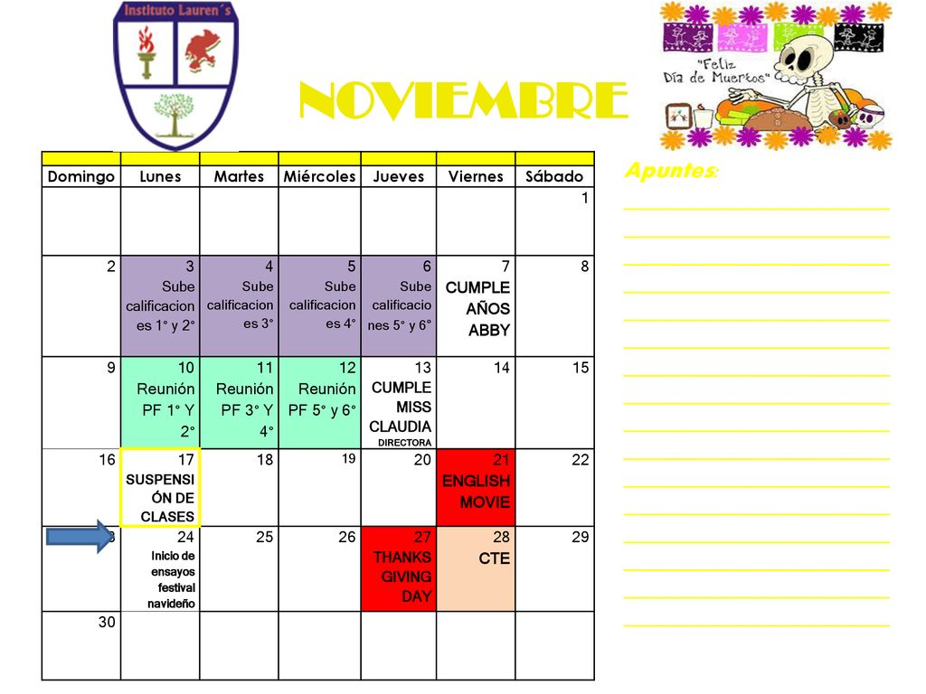 NOVIEMBRE Domingo. Lunes. Martes. Miércoles. Jueves. Viernes. Sábado Sube calificaciones 1° y 2°