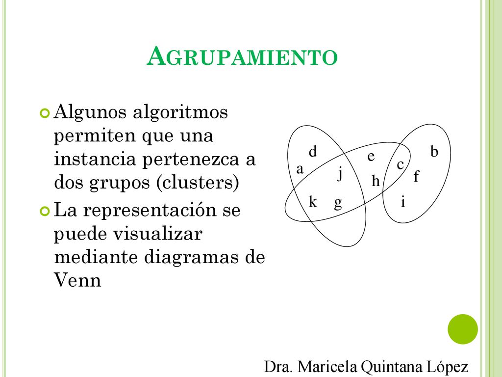 Agrupamiento Algunos algoritmos permiten que una instancia pertenezca a dos grupos (clusters)
