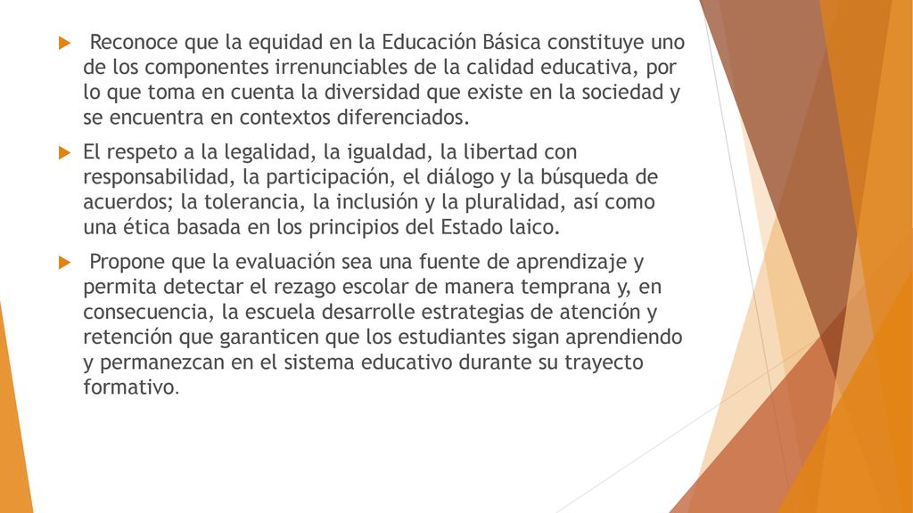 Reconoce que la equidad en la Educación Básica constituye uno de los componentes irrenunciables de la calidad educativa, por lo que toma en cuenta la diversidad que existe en la sociedad y se encuentra en contextos diferenciados.