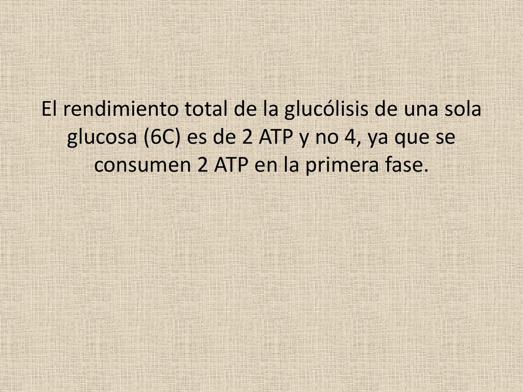 El rendimiento total de la glucólisis de una sola glucosa (6C) es de 2 ATP y no 4, ya que se consumen 2 ATP en la primera fase.