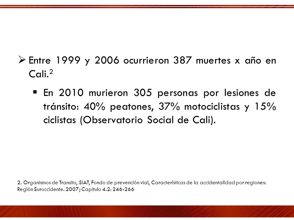 Entre 1999 y 2006 ocurrieron 387 muertes x año en Cali.2