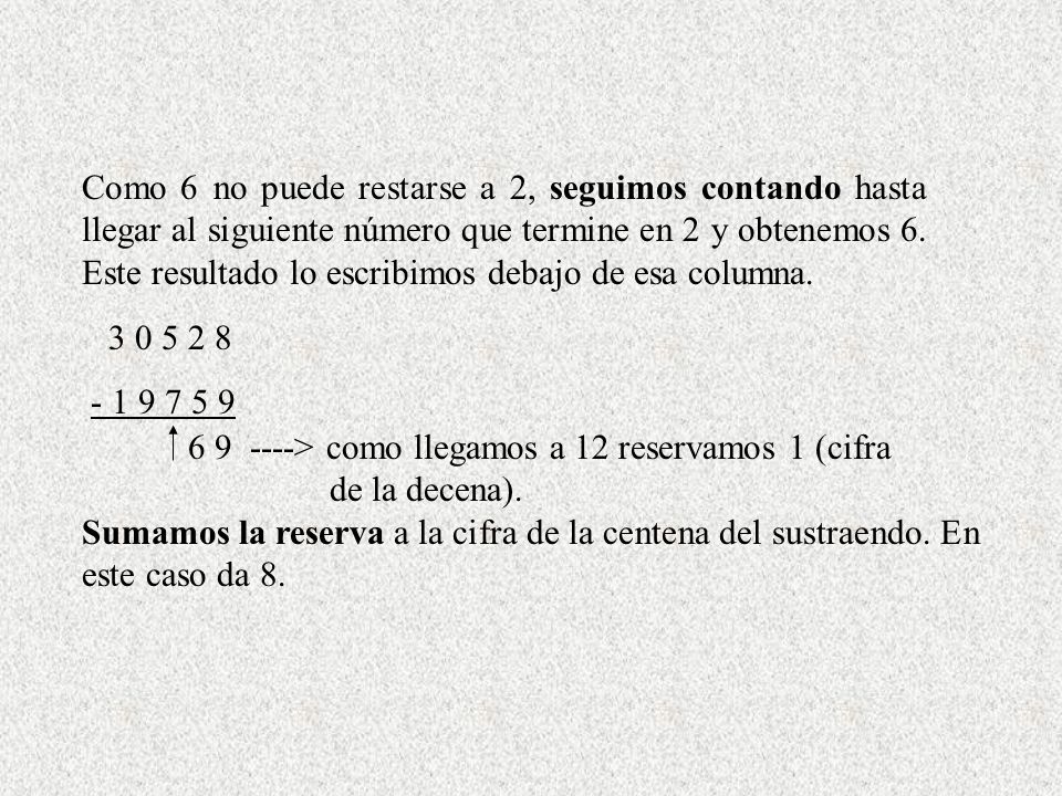 Como 6 no puede restarse a 2, seguimos contando hasta llegar al siguiente número que termine en 2 y obtenemos 6. Este resultado lo escribimos debajo de esa columna.