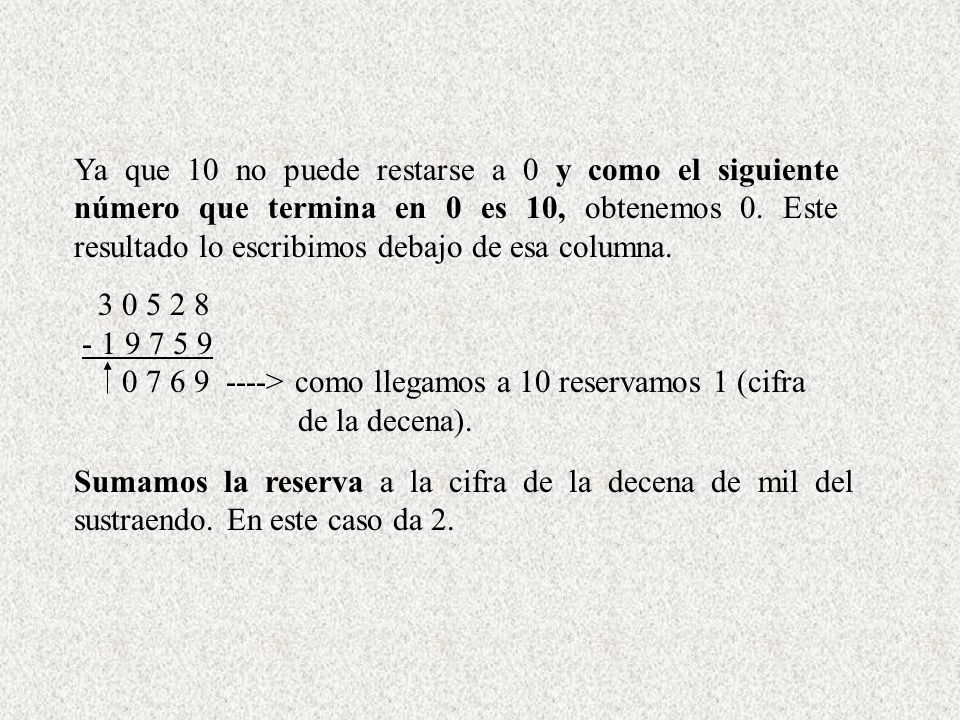 Ya que 10 no puede restarse a 0 y como el siguiente número que termina en 0 es 10, obtenemos 0. Este resultado lo escribimos debajo de esa columna.