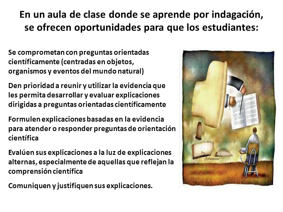 En un aula de clase donde se aprende por indagación, se ofrecen oportunidades para que los estudiantes: