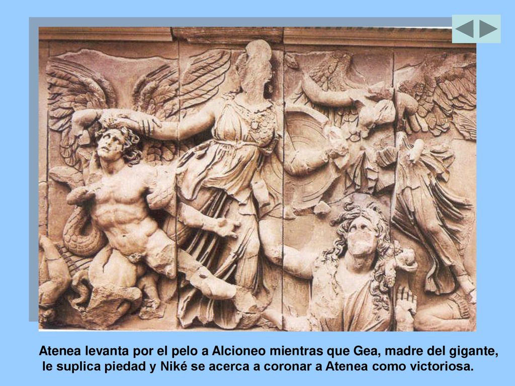 Atenea levanta por el pelo a Alcioneo mientras que Gea, madre del gigante,
