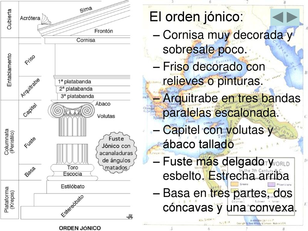 El orden jónico: Cornisa muy decorada y sobresale poco.