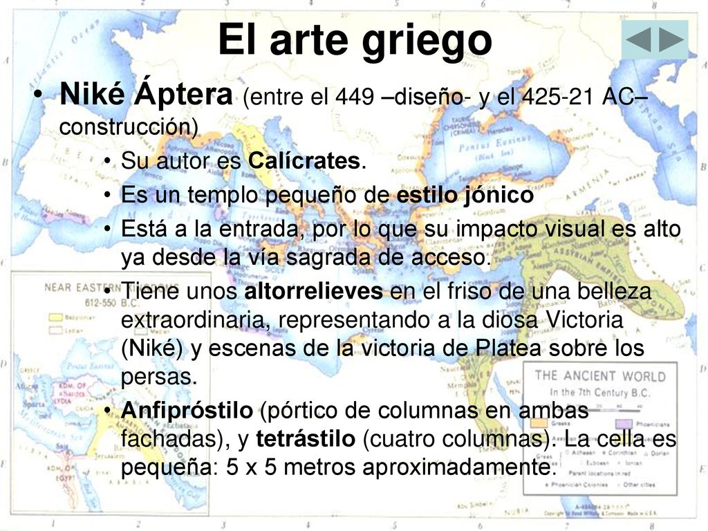 El arte griego Niké Áptera (entre el 449 –diseño- y el AC–construcción) Su autor es Calícrates.