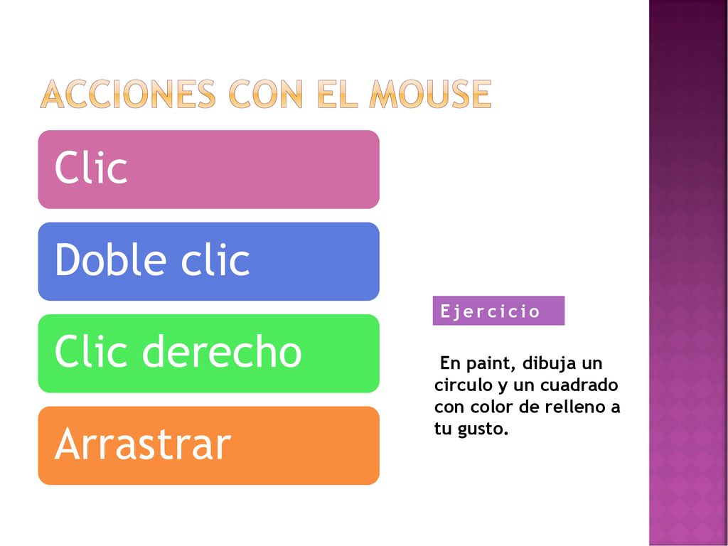 Clic Doble clic Clic derecho Arrastrar Acciones con el mouse