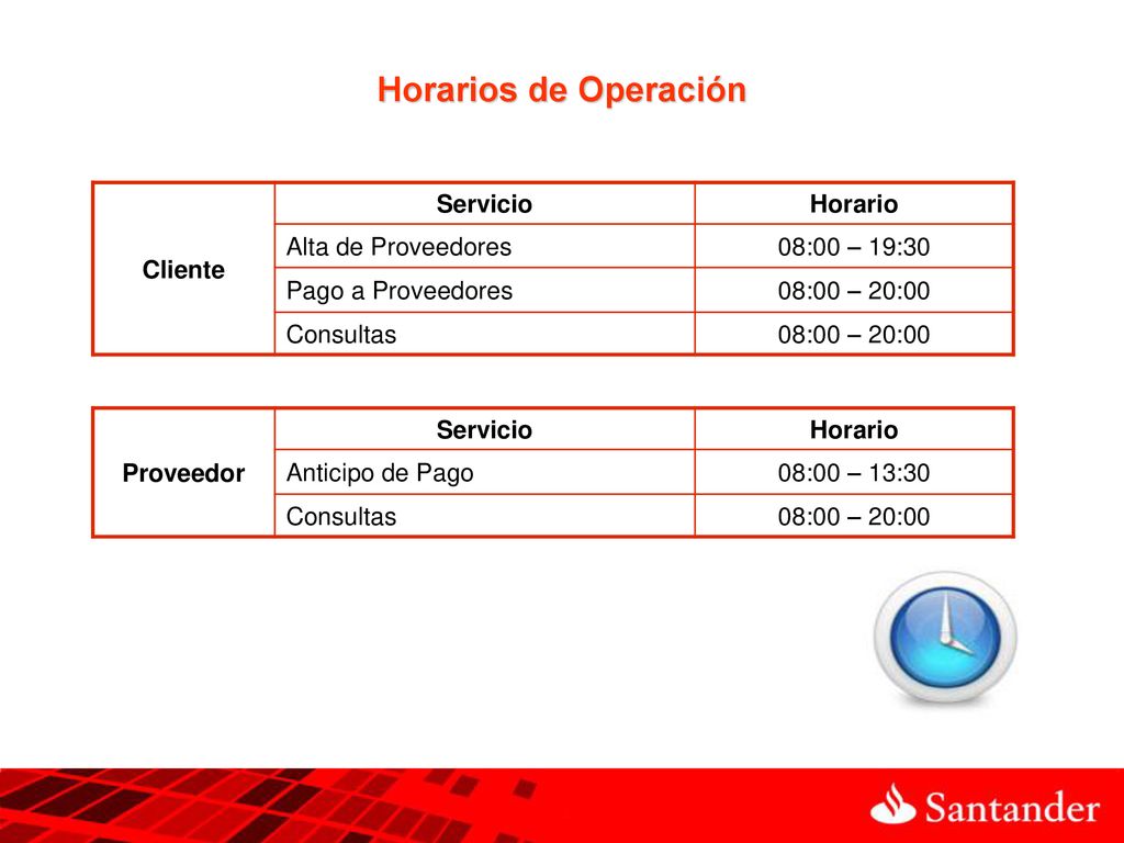 Horarios de Operación Cliente Servicio Horario Alta de Proveedores