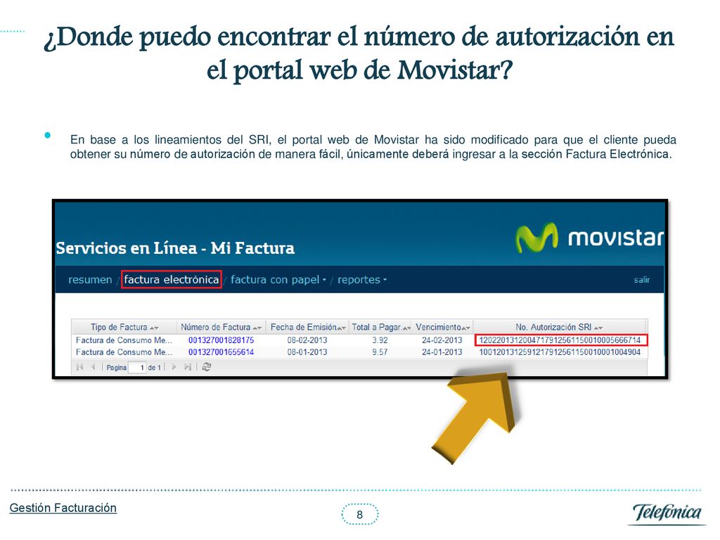 ¿Donde puedo encontrar el número de autorización en el portal web de Movistar